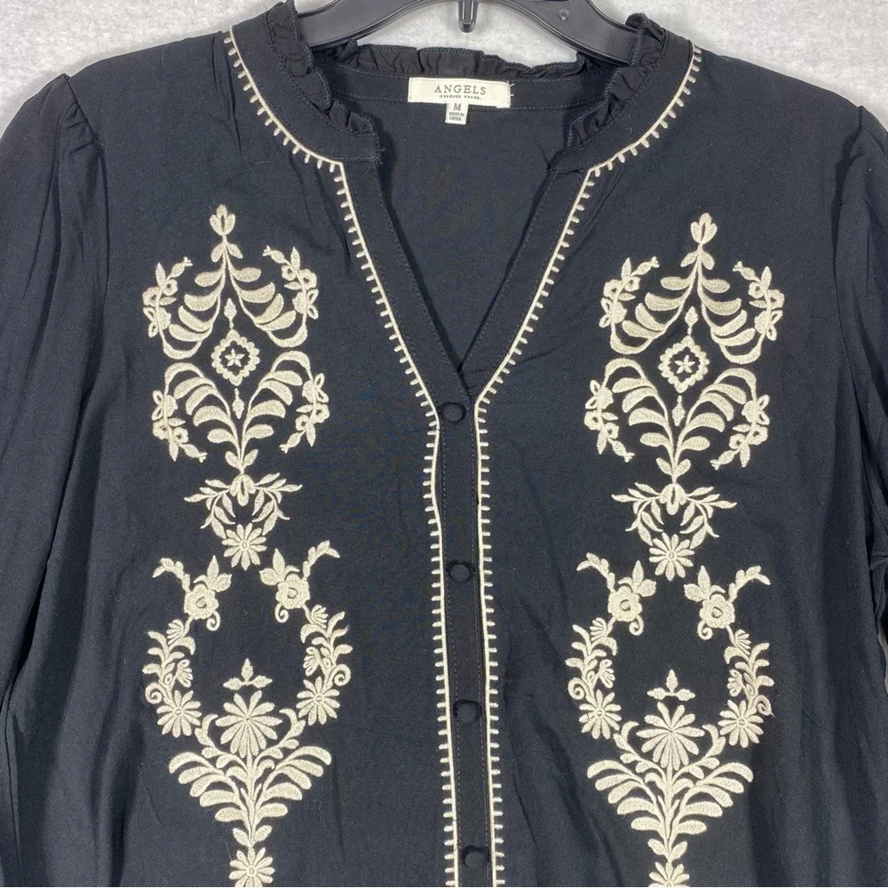 Angels Forever Young Boho Floral Blouse Women M Black Embroidered 3/4 Sleeve NWT - Picture 3 of 15